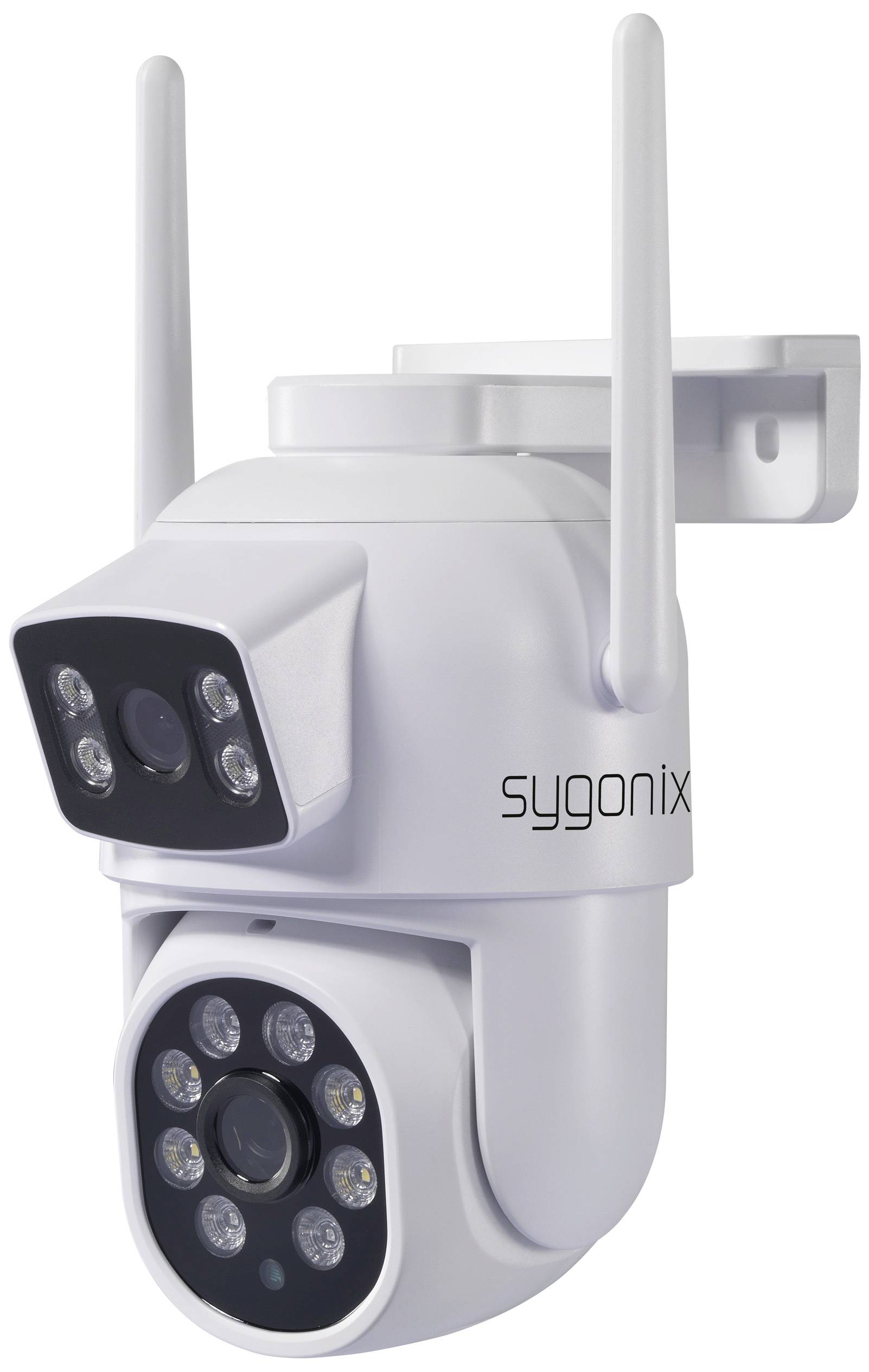 White surveillance camera with two camera lenses and LED lights on the front, mountable on walls.