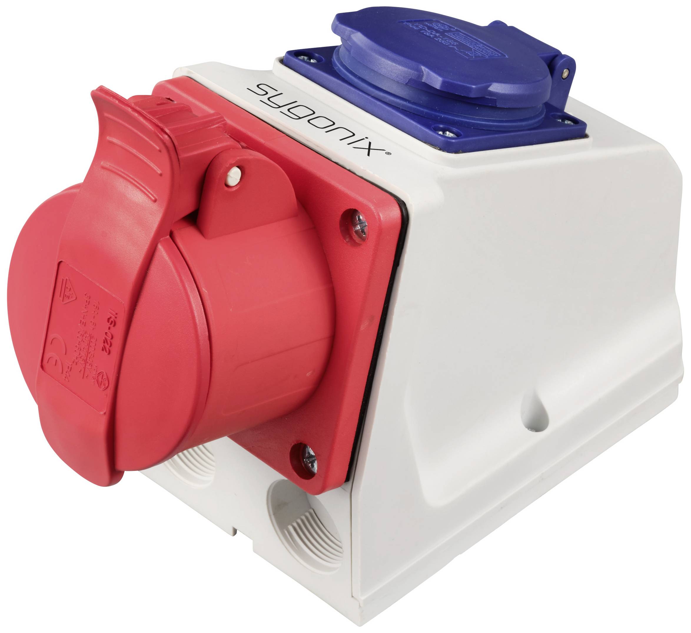 A red and blue socket module by Sygonix, suitable for industrial applications. It is robust and designed for high current intensities.