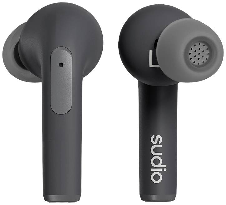 Two wireless black earbuds with simple buttons, one with and one without the 'sudio' text, on a light background.