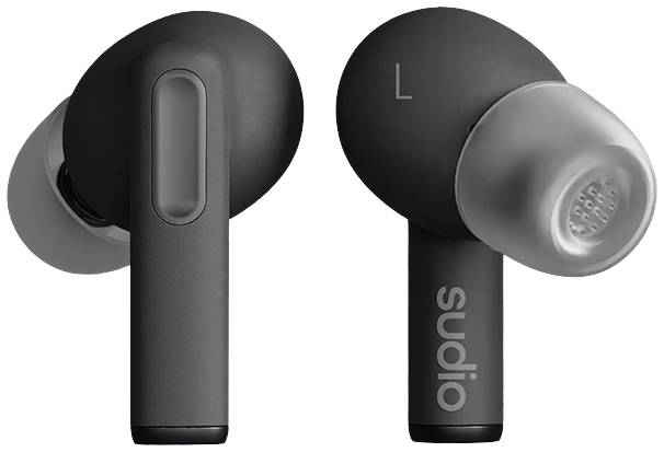 Black wireless earbuds by Sudio with silicone ear tips, marked with an 'L' for left and the brand name 'sudio' printed on them.
