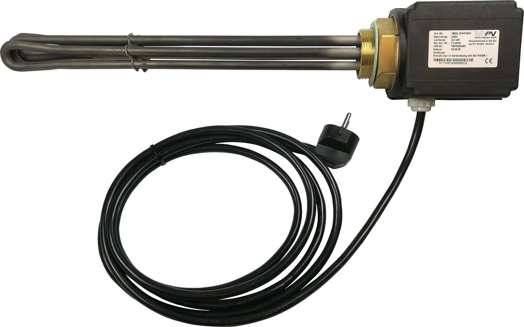 Heating element with black casing, multiple metal rods, and a cable with a plug. Used in water boilers.