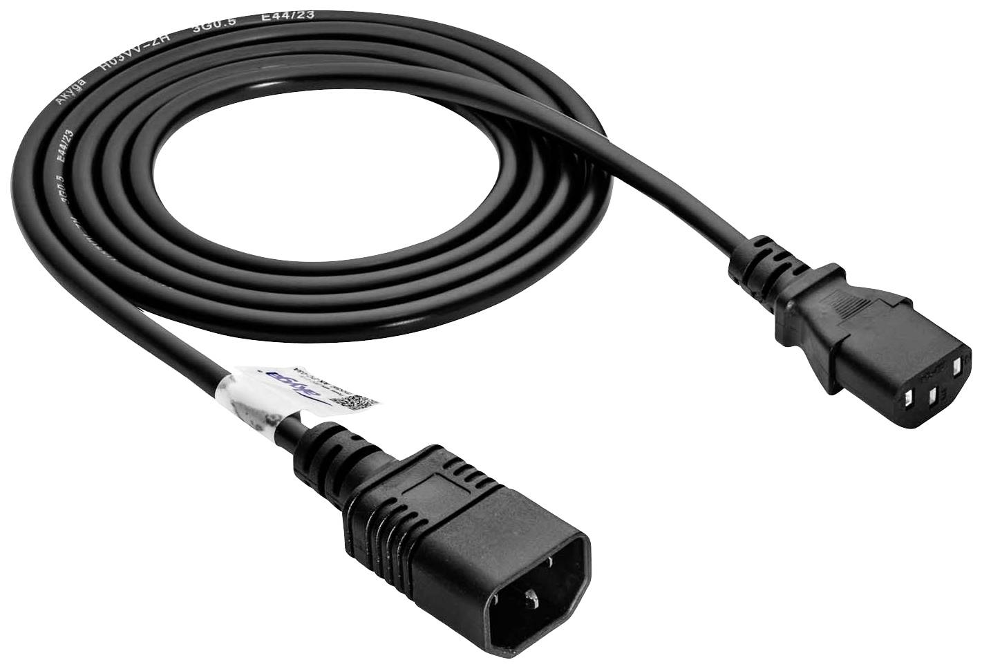 Black network cable with IEC-C13 plug on one end and IEC-C14 socket on the other, suitable for computers or monitors.