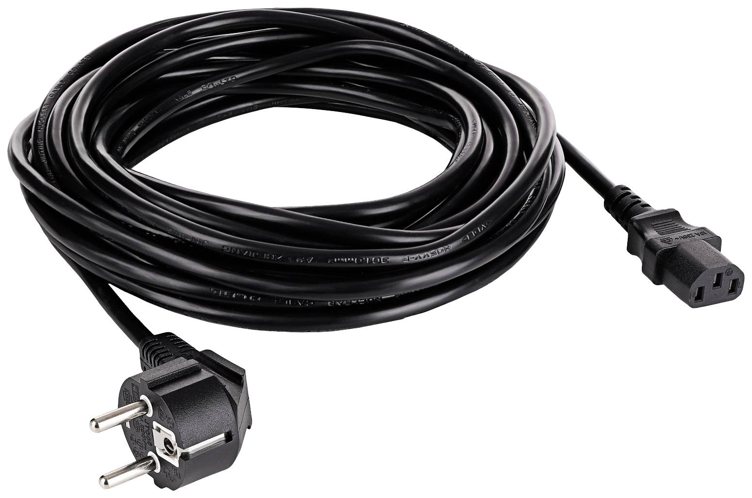 Black network cable with European plug and C13 connector, commonly used for computers and office equipment.