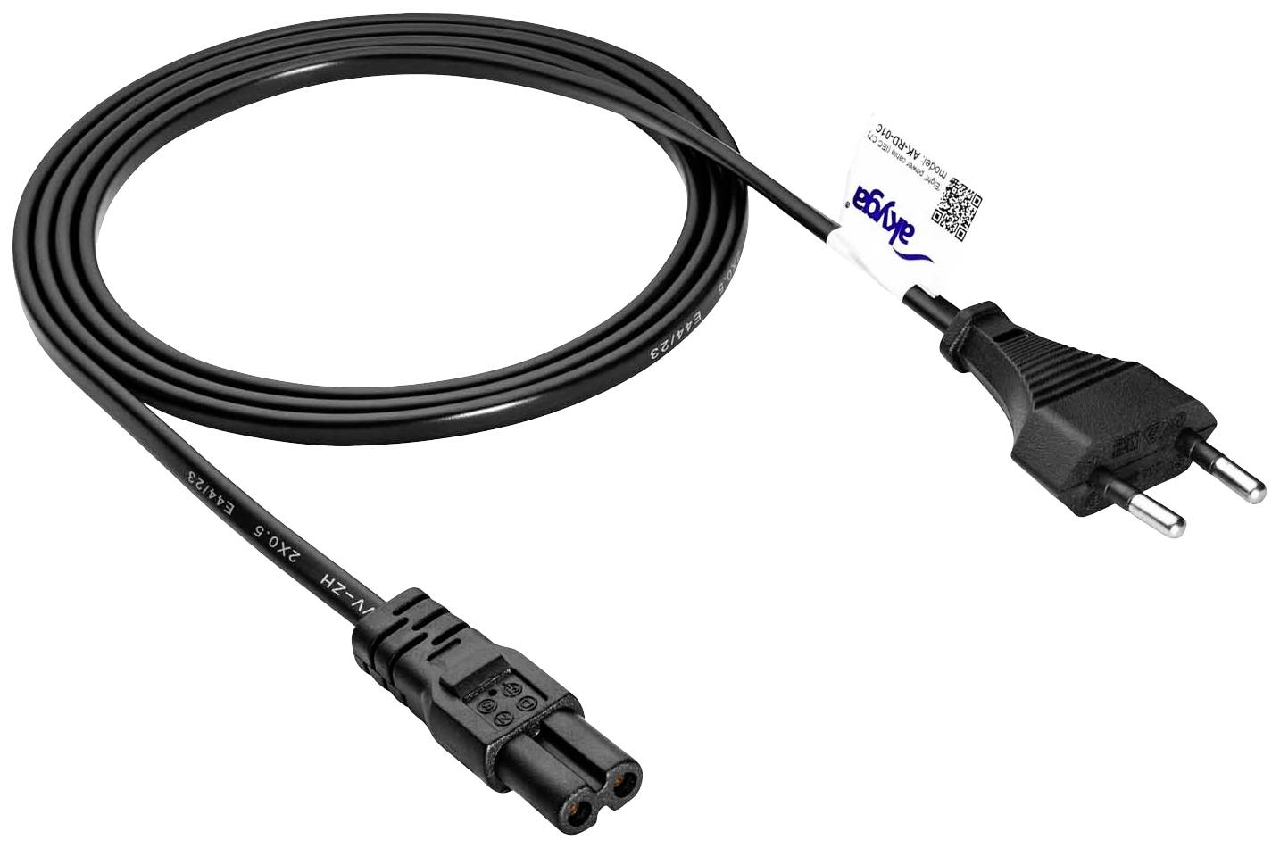 Black network cable with Euro plug and device plug, suitable for household appliances and electronic devices.