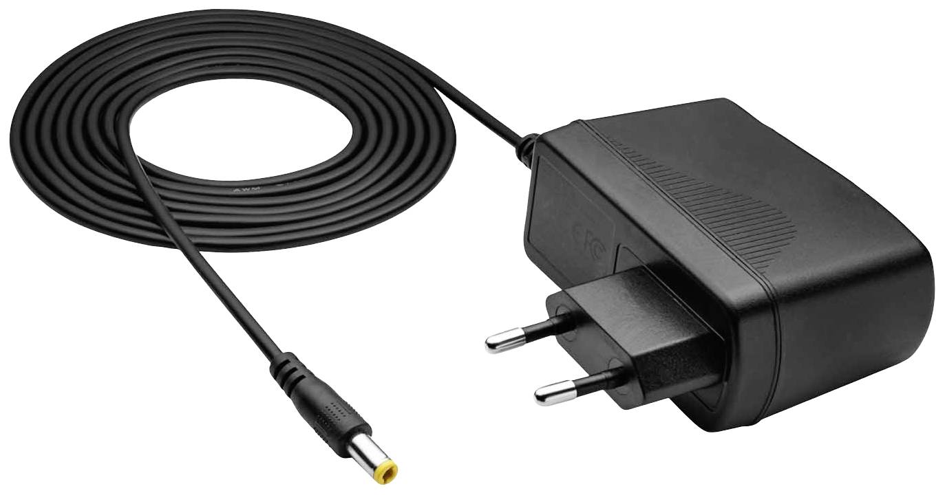 Black power supply with two round plug pins and a long cable, suitable for electronic devices.