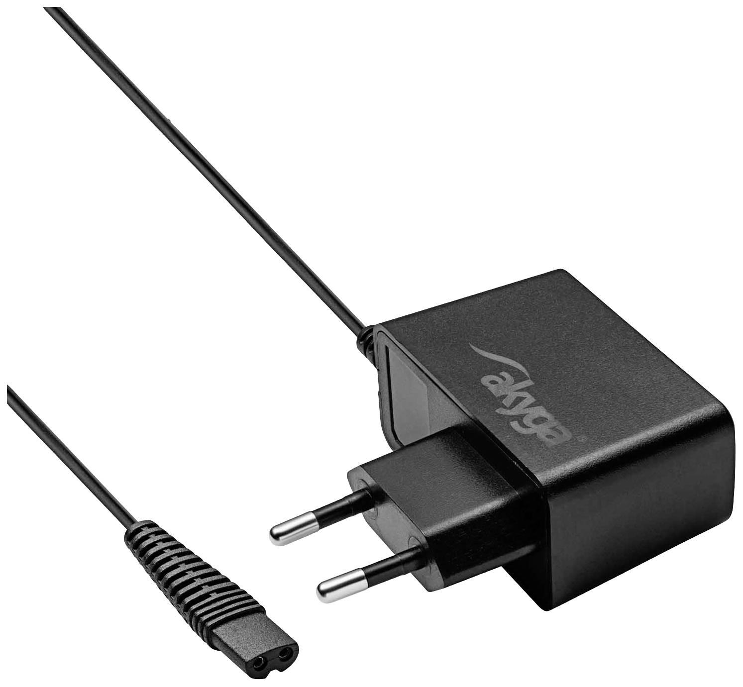 Black power adapter with EU plug and a long cable, used for charging electronic devices.