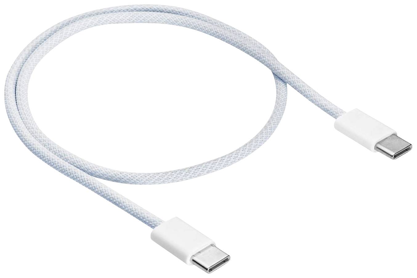A braided USB-C cable with connectors at both ends, ideal for charging and transferring data between devices.