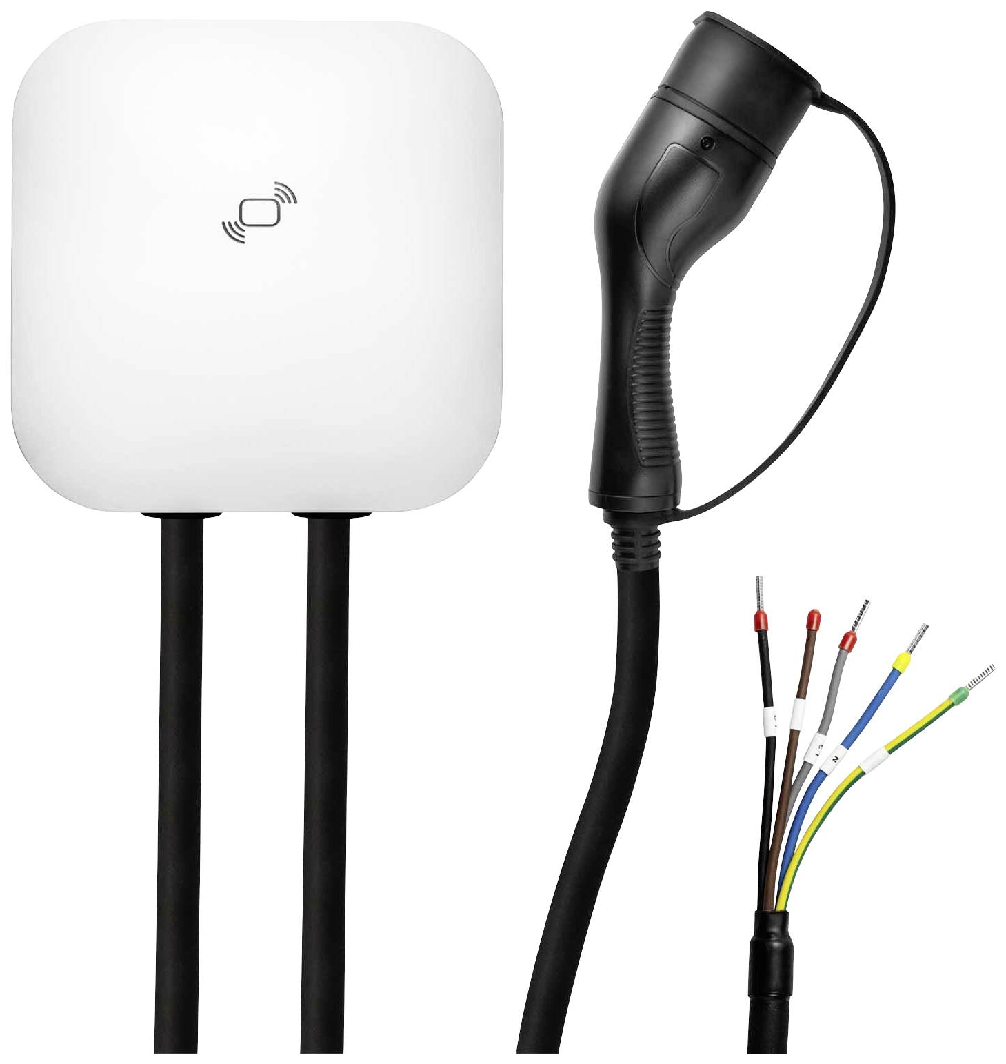 Charging unit with cables and plug for electric vehicles, including colour-coded cable ends for installation.