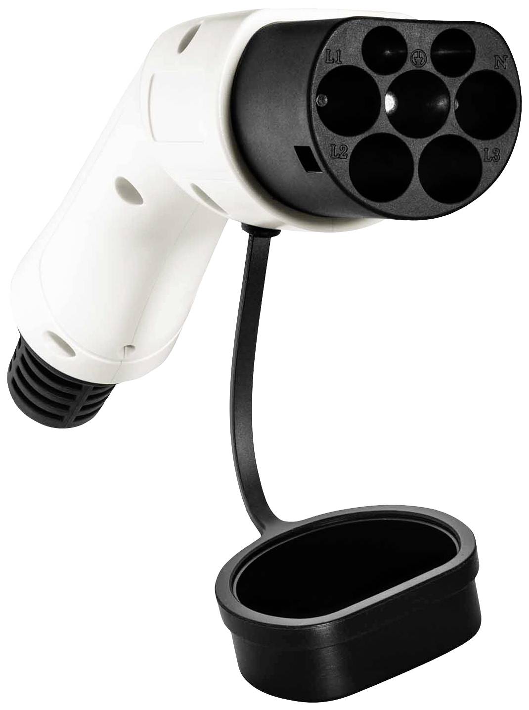 A white and black charging socket for electric vehicles, Type 2 plug with seven round terminals.
