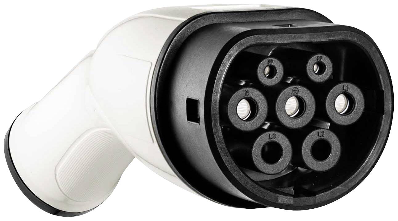 Electric car charging plug in close-up, showing the connections. Crucial for connecting to a charging station.