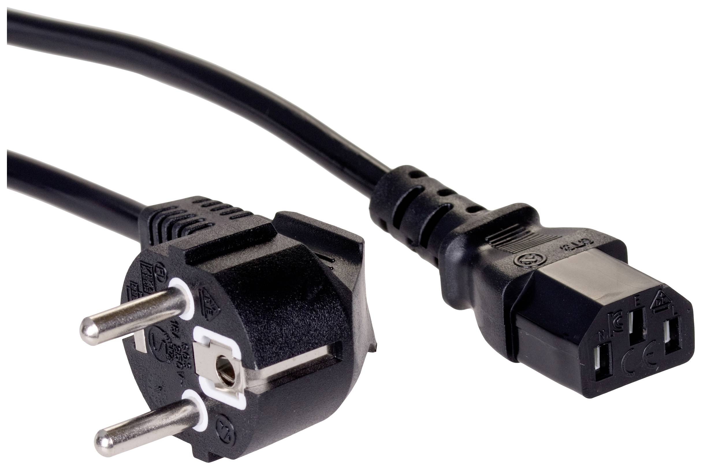 Illustration of a European Schuko plug with an IEC C13 socket cable. Used for powering electronic devices.