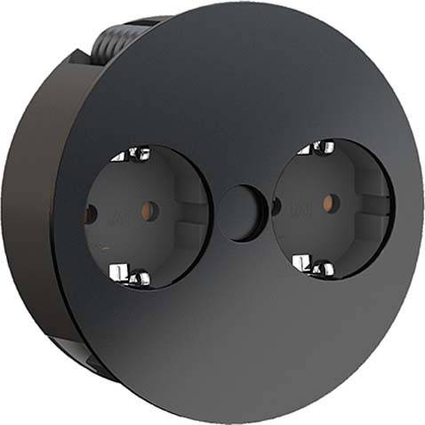 Black double socket in a round shape. It has two plug sockets and is suitable for wall mounting.