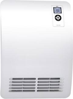 White wall-mounted heating with digital display showing '20°C'. Ventilation slots at the bottom, controls beside the display.