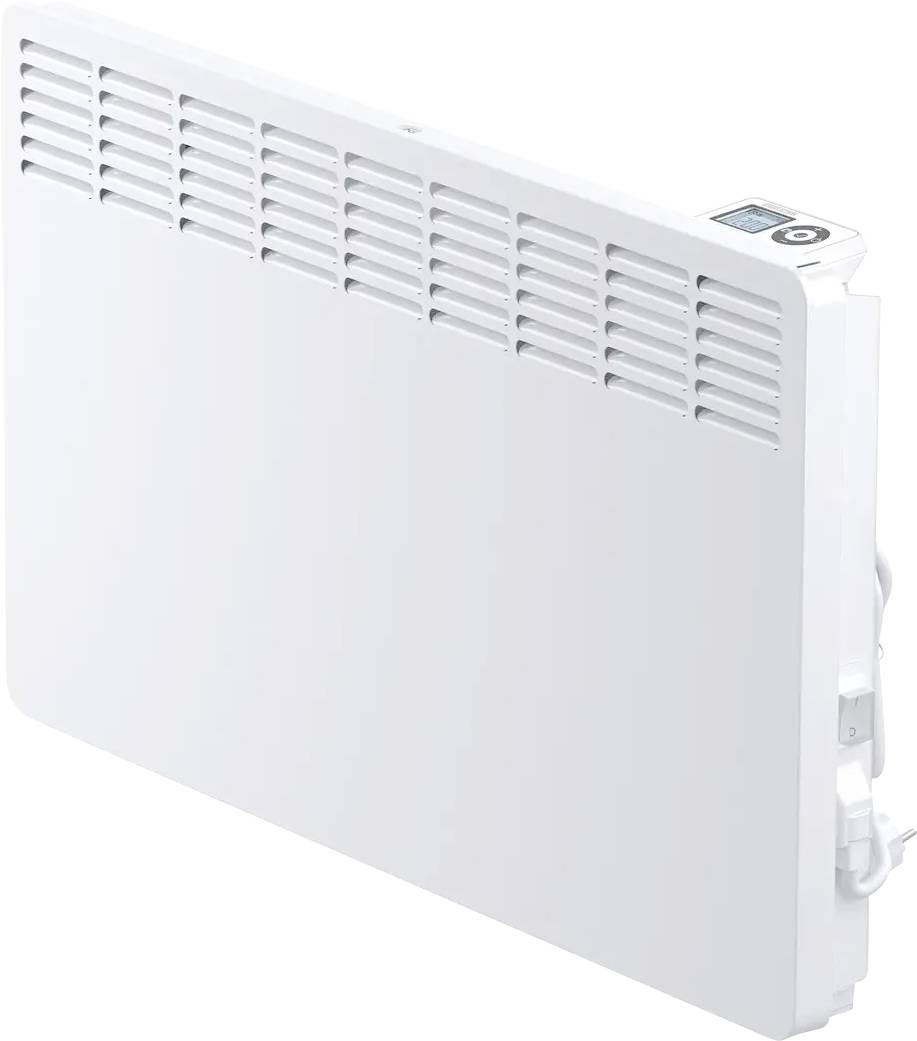 A white, rectangular radiator with ventilation slots at the top, likely an electric convector for indoor spaces.