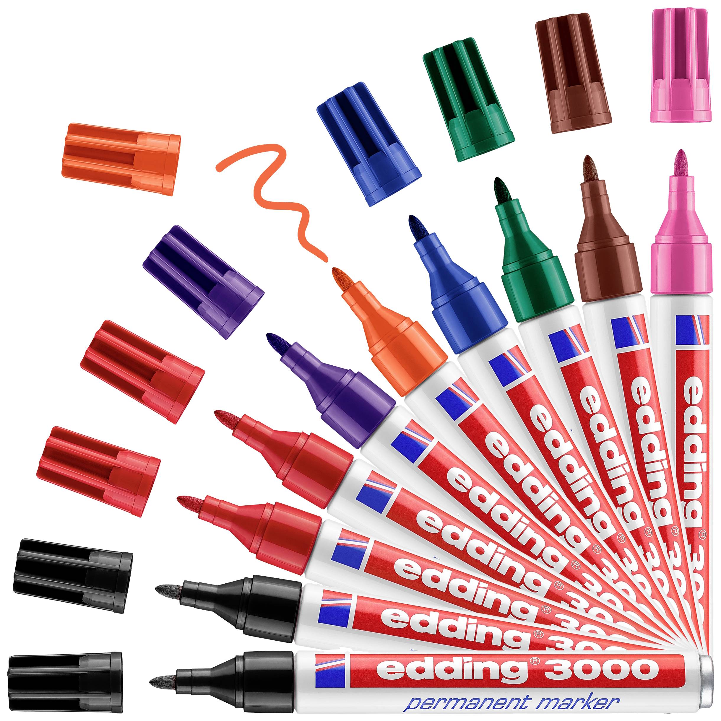 Eight colourful Edding permanent markers are fanned out, displaying different colours with their caps removed.