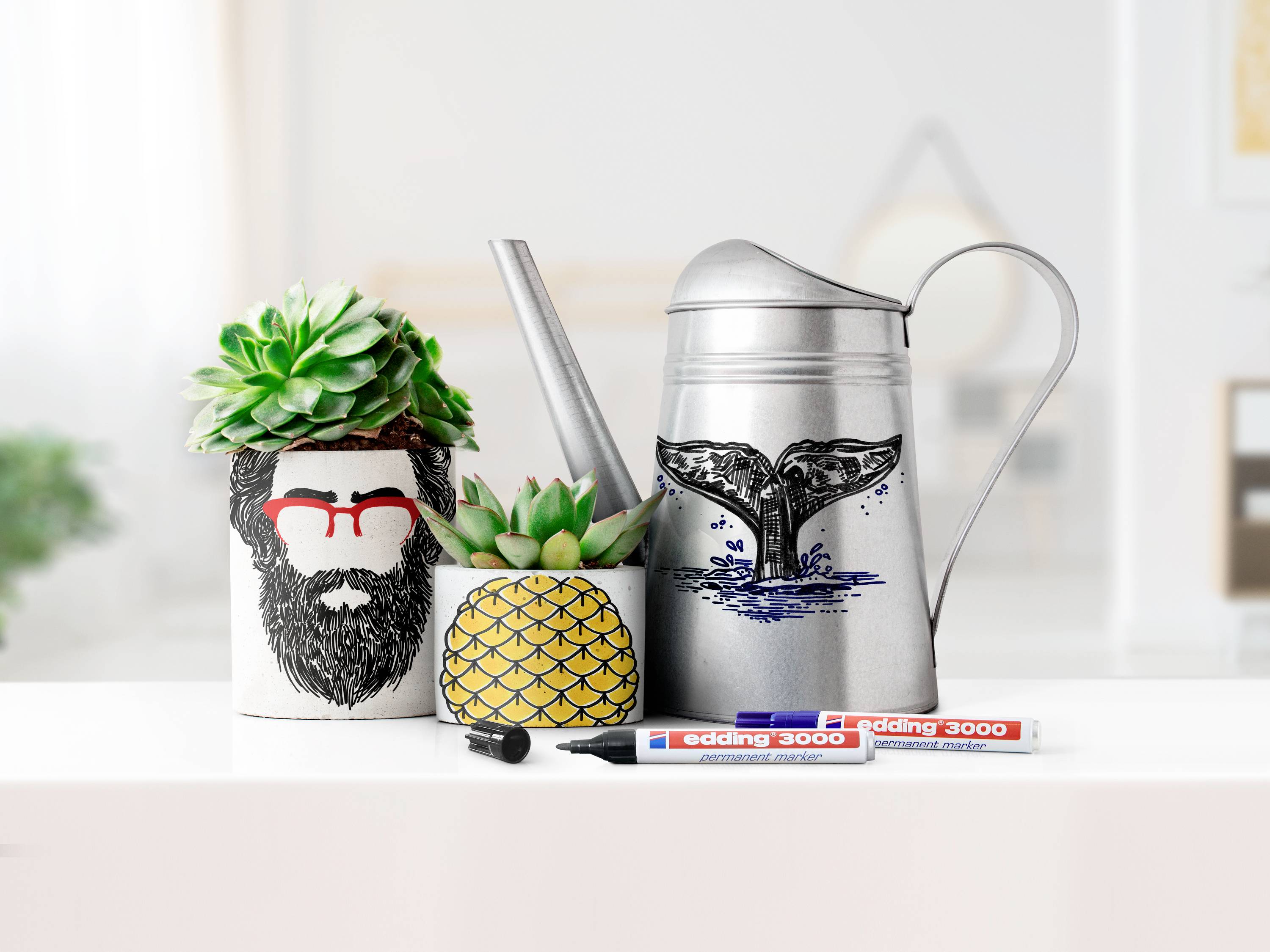 Two plant pots with plants, a watering can with a whale design, and two red markers are on a table.