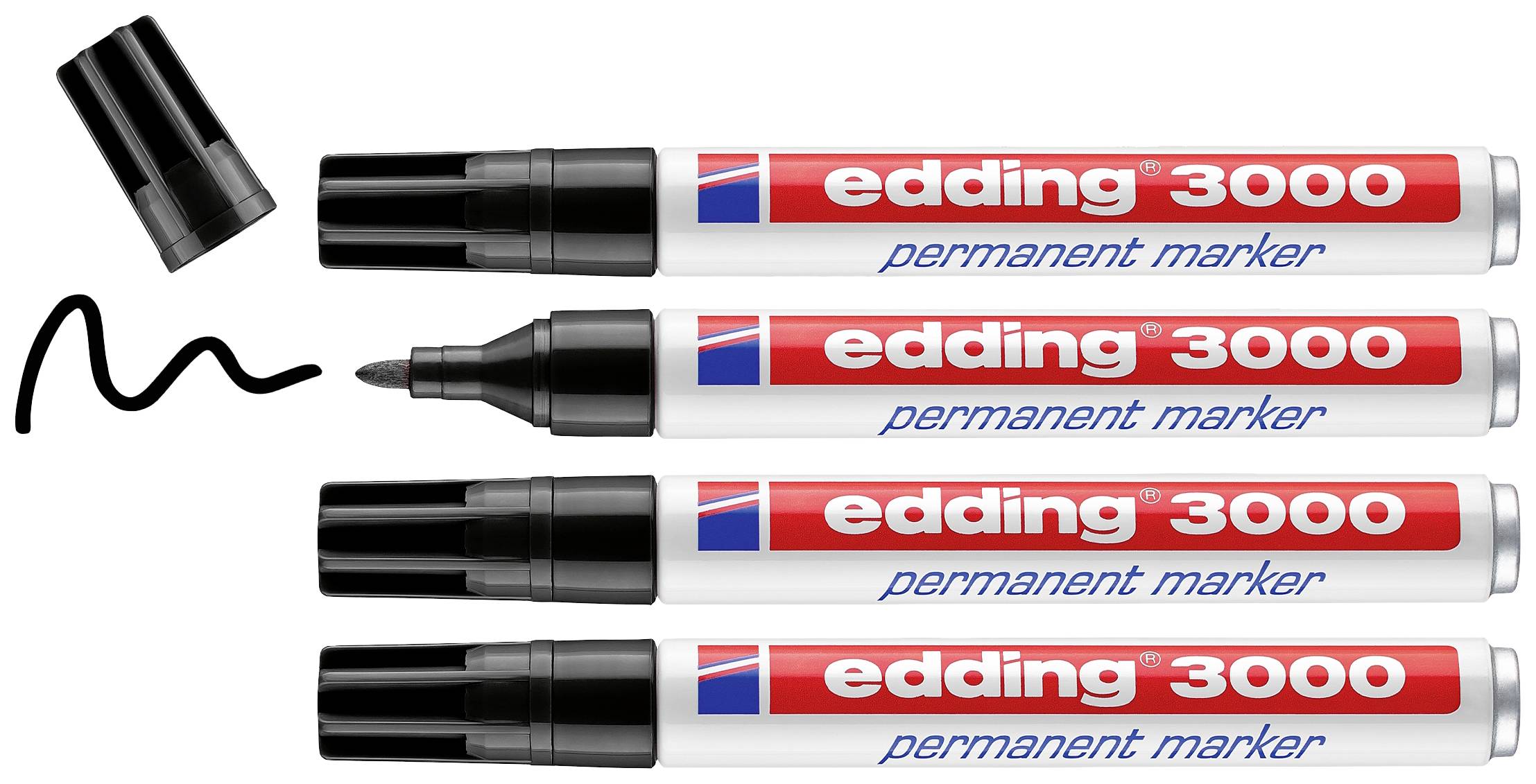 Four permanent Edding 3000 markers in red, one without a cap, showing a black line. Markers are arranged side by side.