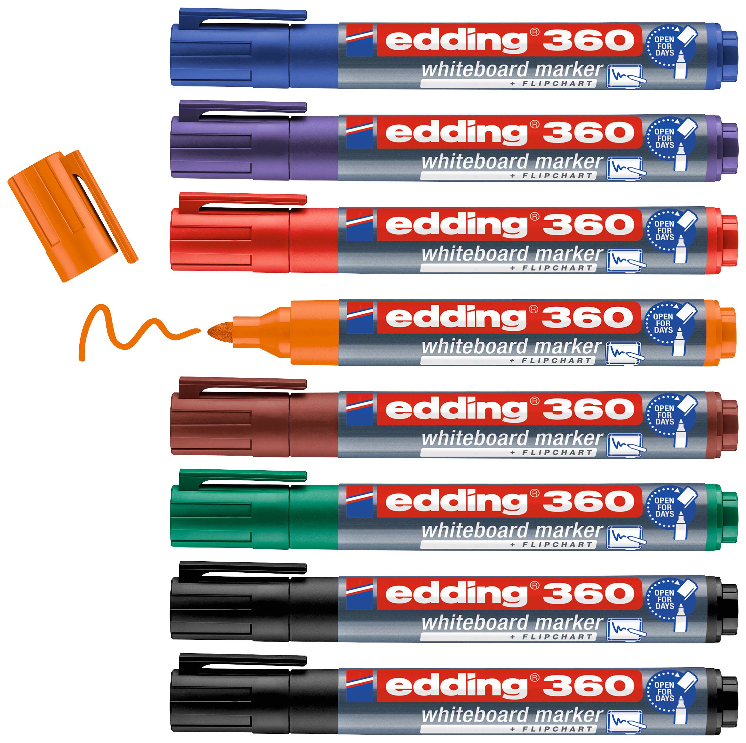 A range of coloured Edding 360 whiteboard markers, including Orange, Blue, Purple, Brown, Green, Red and Black, with caps.