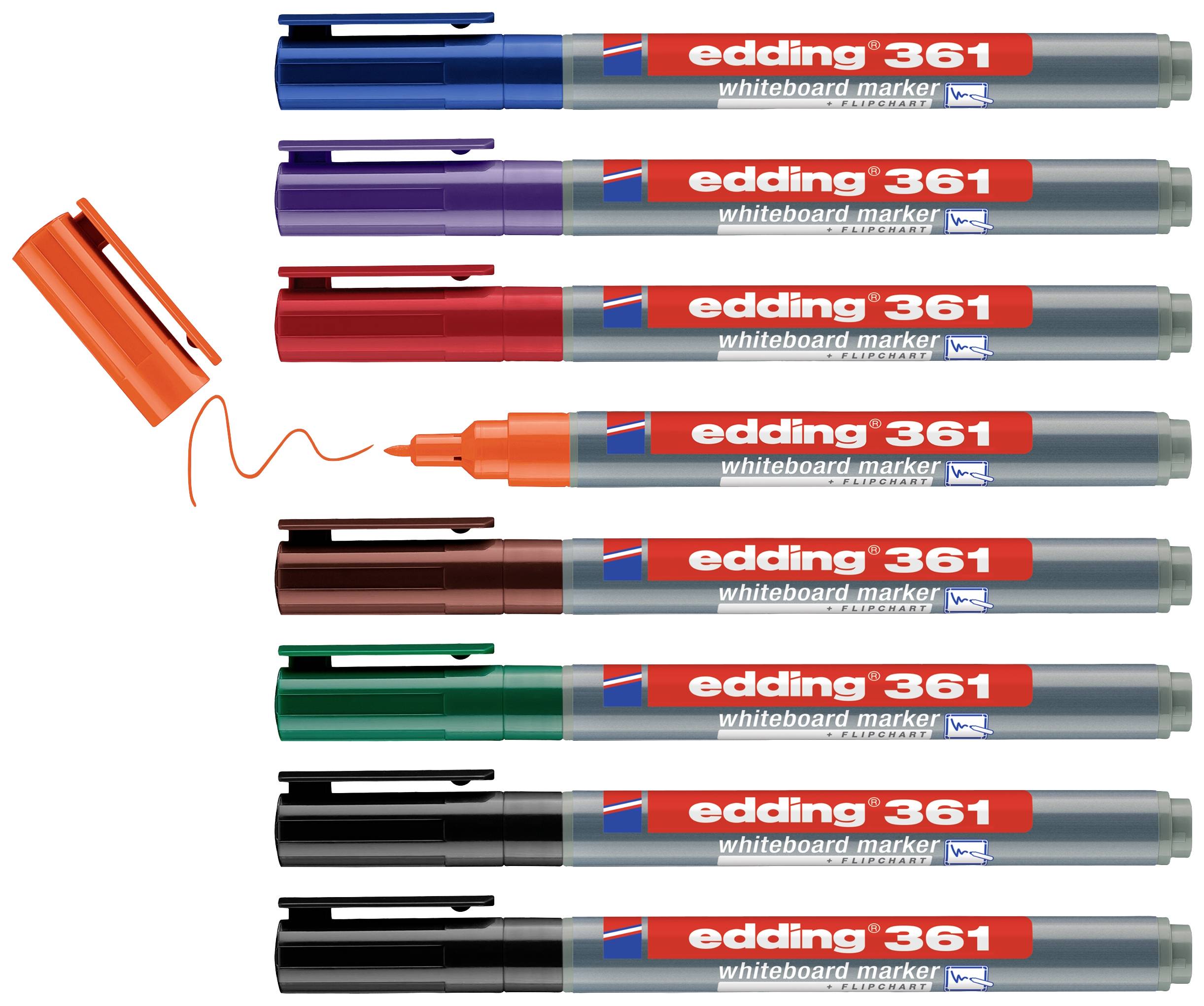 Nine whiteboard markers in different colours, arranged side by side. An orange marker is open and drawing a line.