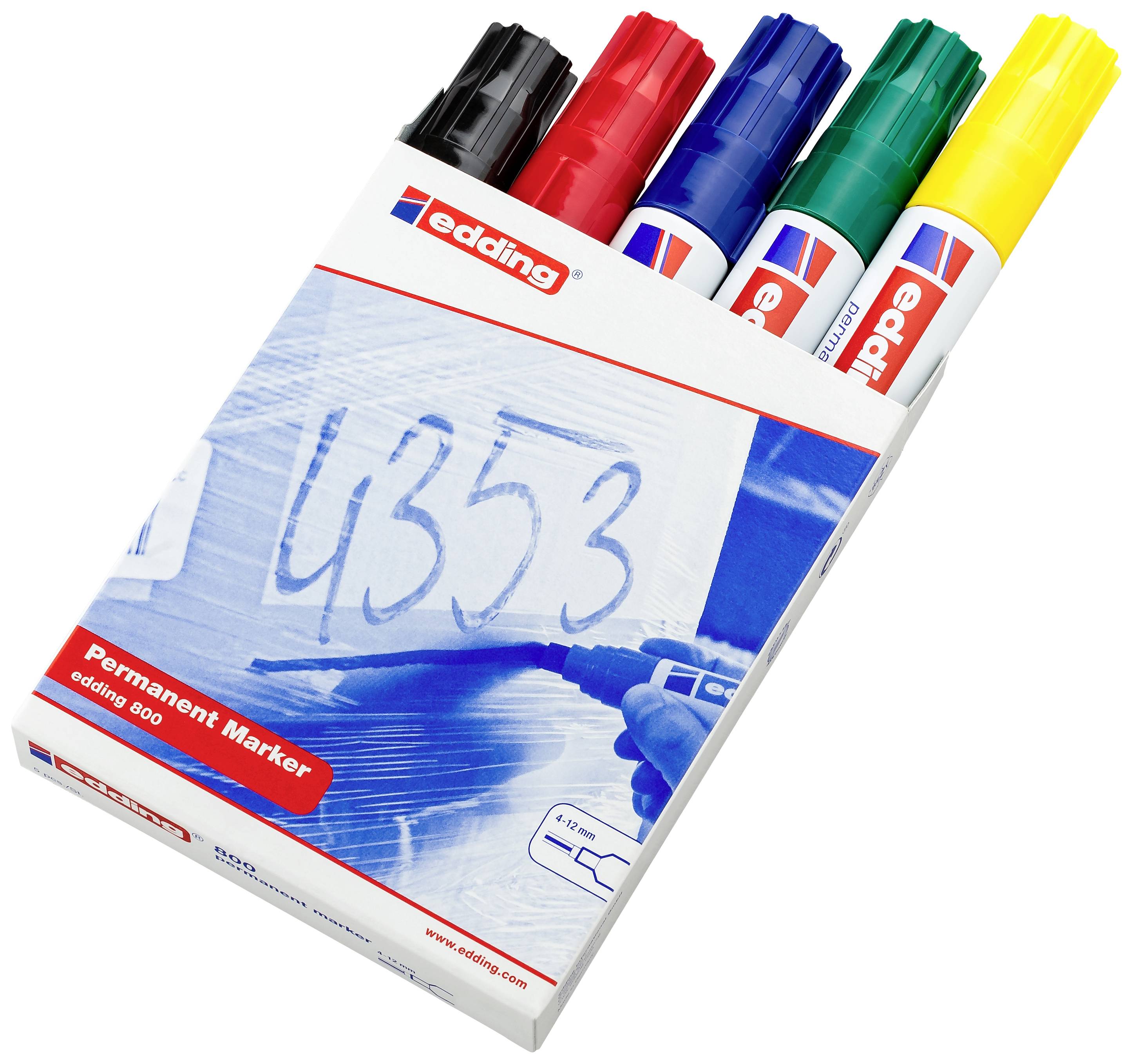 A set of four permanent markers in Black, Red, Blue and Green. Packaging with the brand name edding.