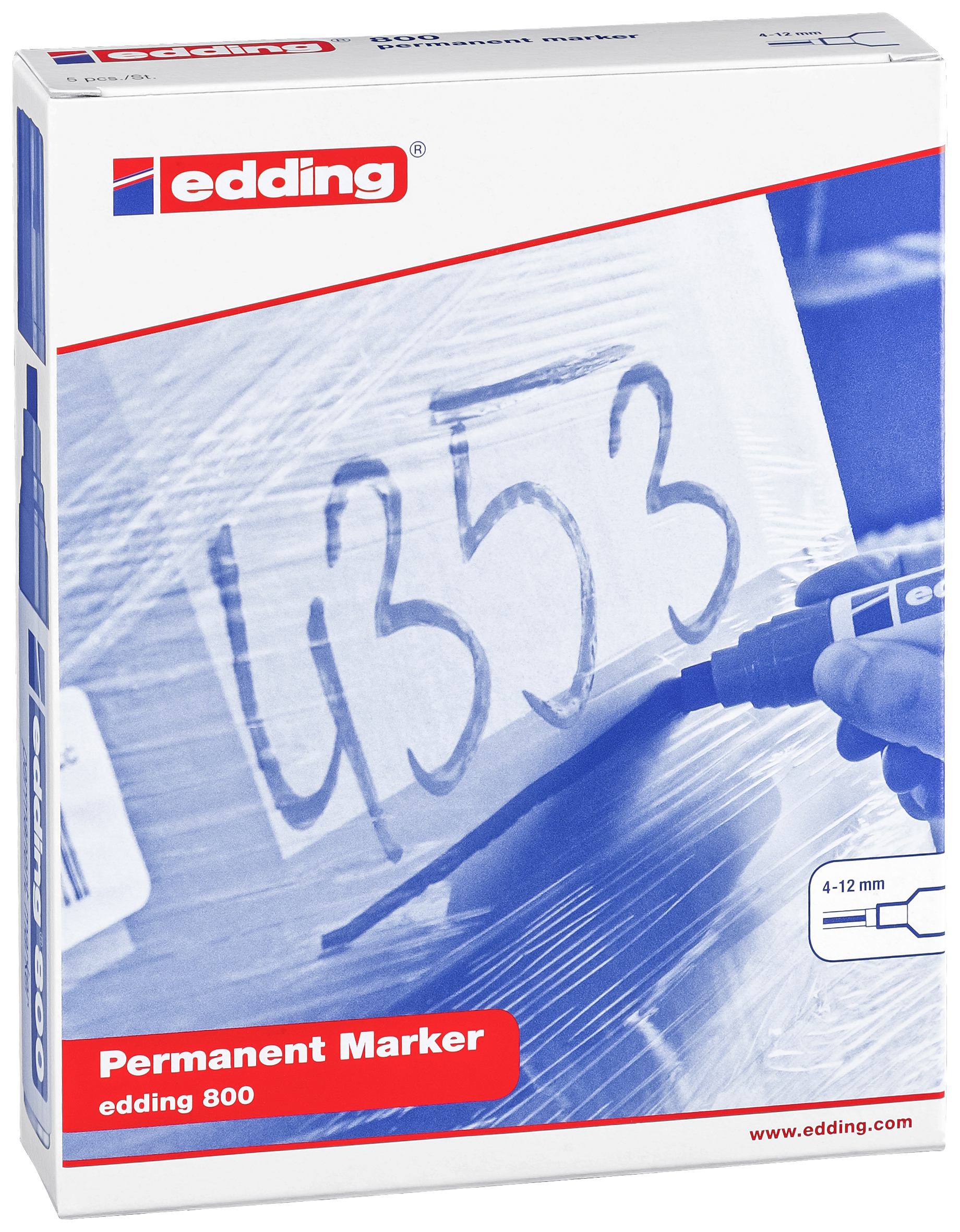 A hand holds an Edding permanent marker and writes 'L 353' on a cardboard surface. Packaging shows marker size 4-12 mm.