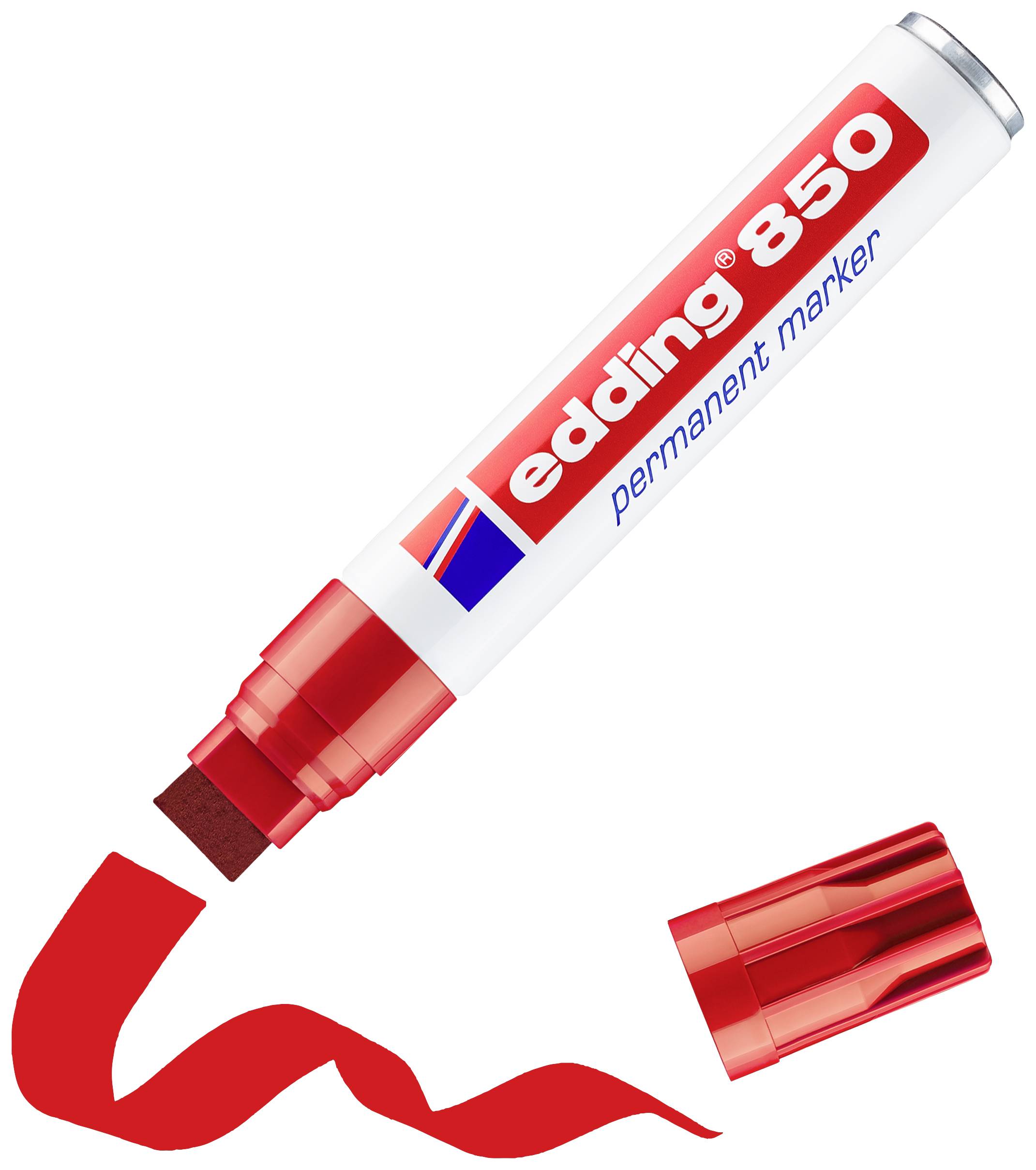 Permanent marker Edding 850 in red with cap removed, drawing a red line.