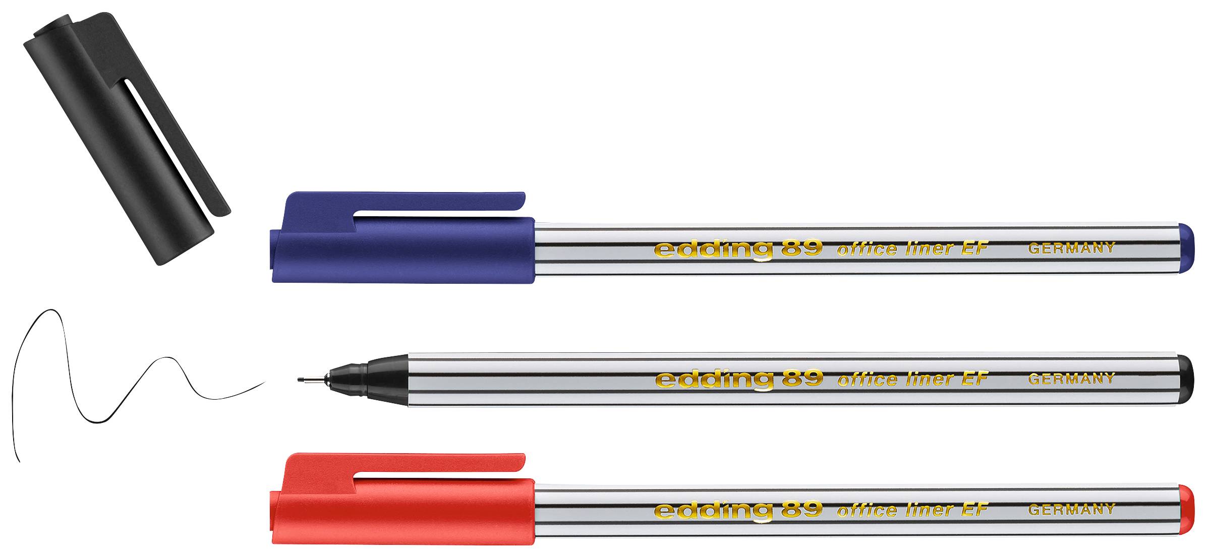 Three fineliner pens in red, blue and black. One without a lid shows a fine black line.