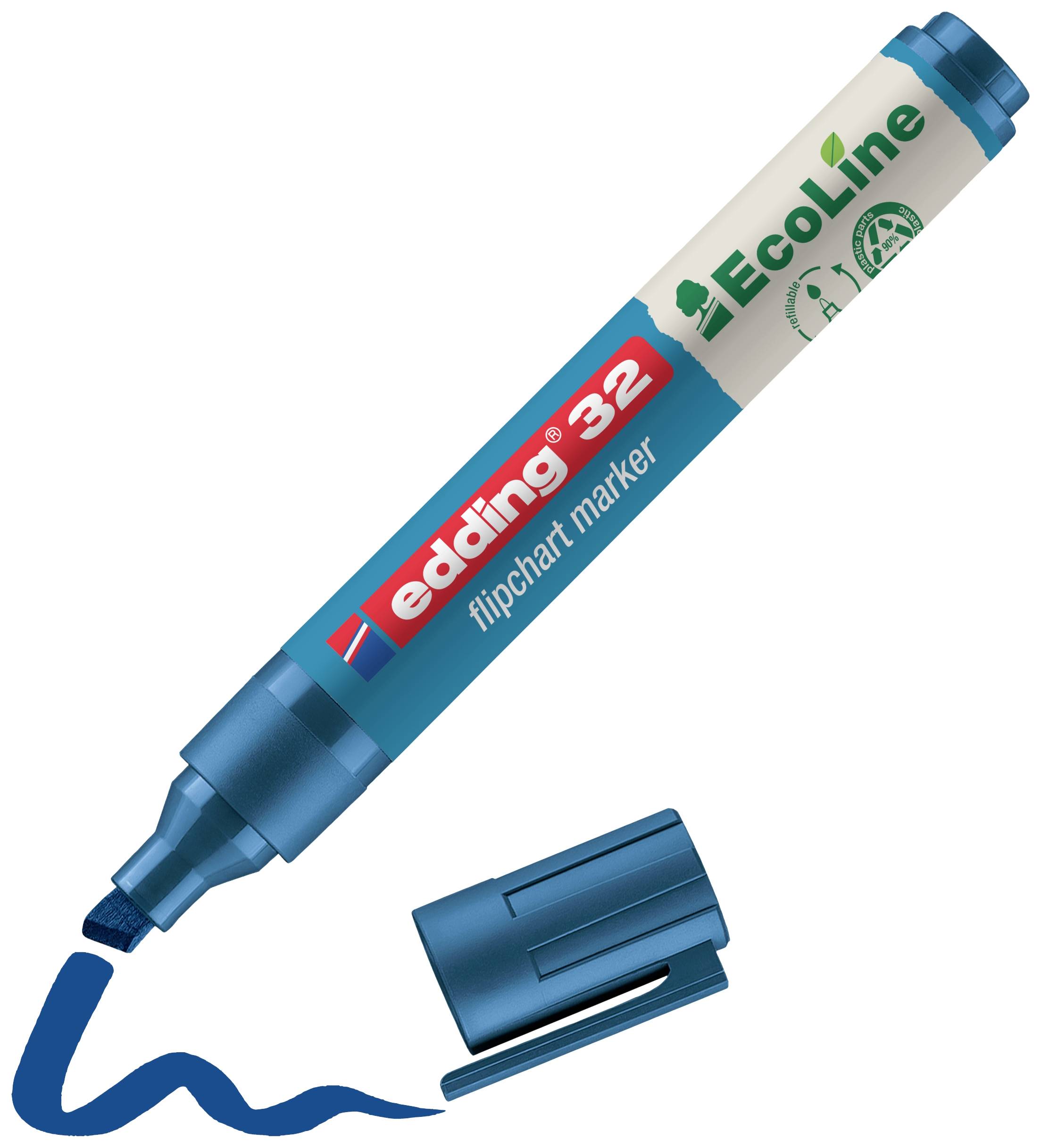 Blue edding 32 flipchart marker, cap removed, with drawn blue line. EcoLine, environmentally friendly.