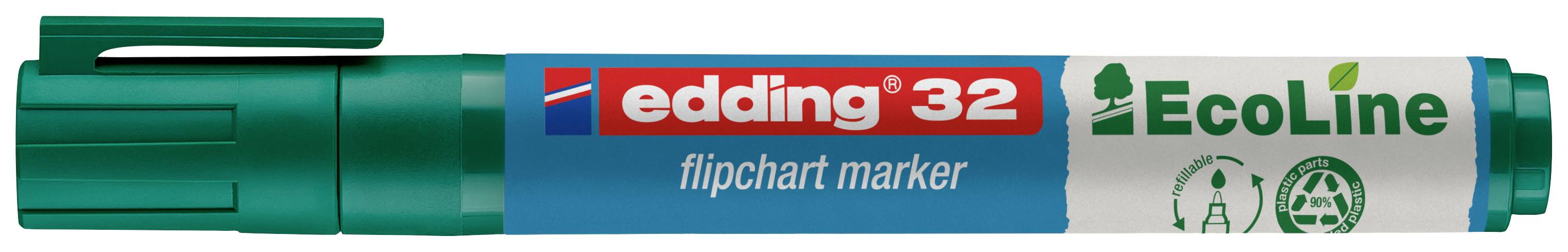 A green Edding 32 Flipchart Marker from the EcoLine series, lying down. It is environmentally friendly and suitable for flipchart surfaces.