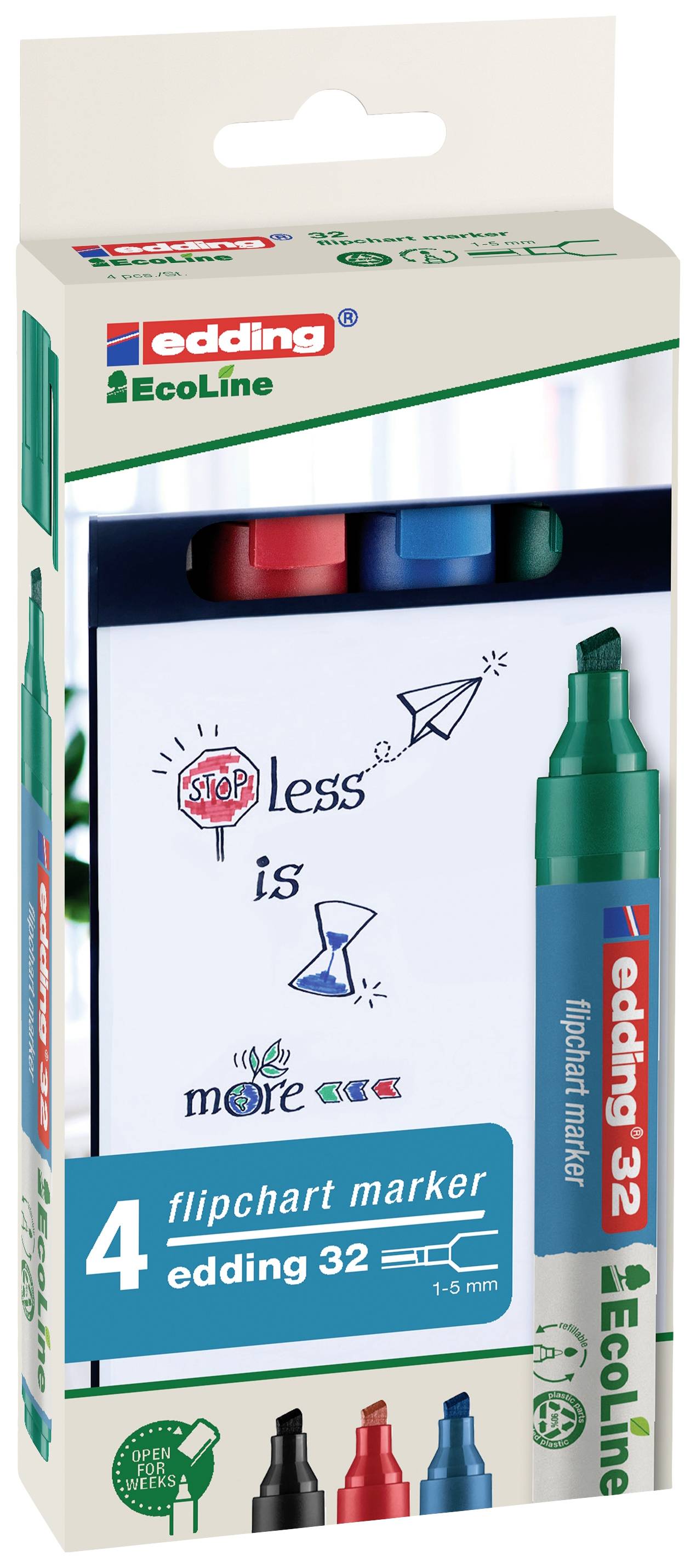 Packaging containing four Edding EcoLine flipchart markers in assorted colours. Key features: sustainable packaging and broad tip.