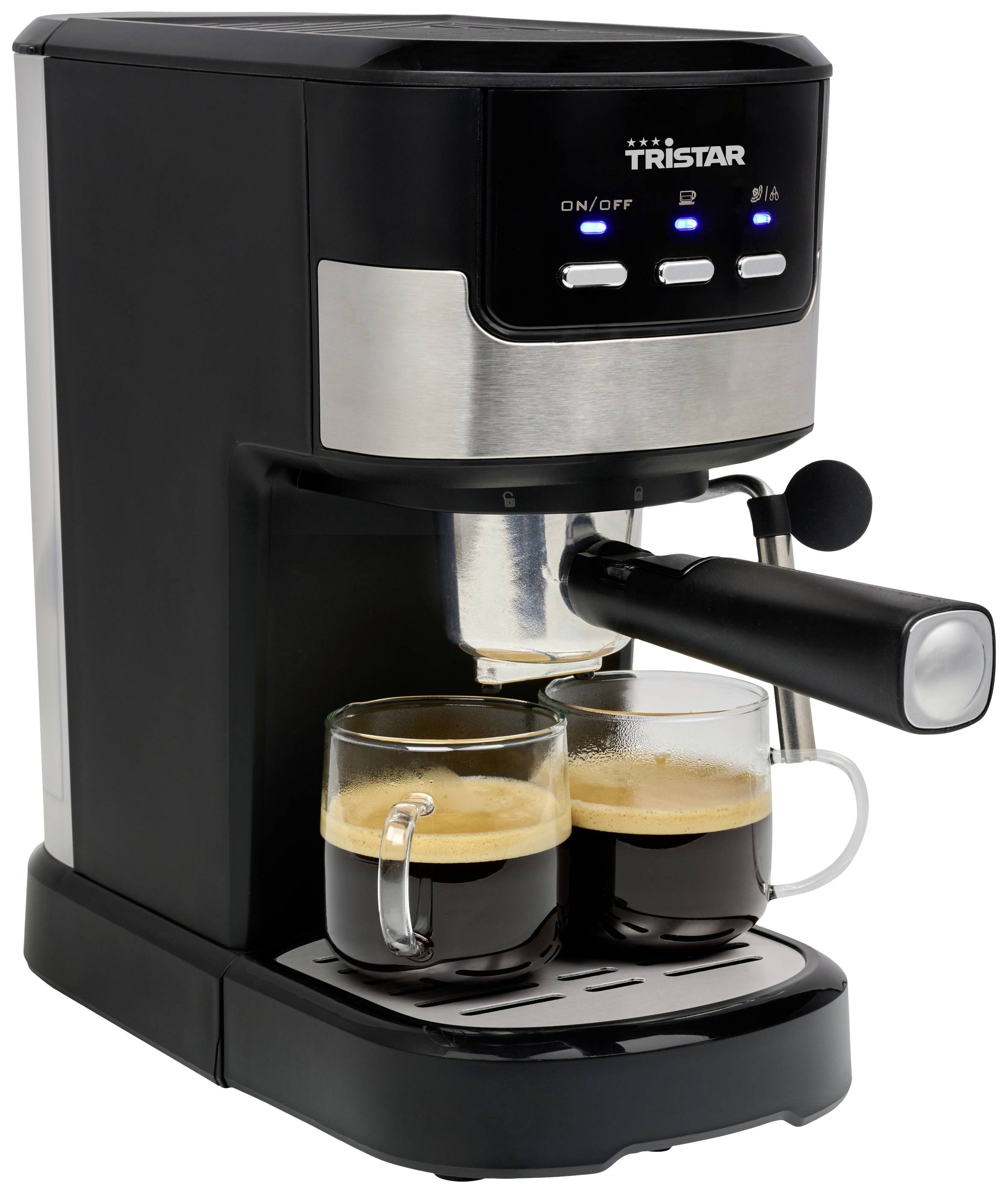 Coffee machine with silver and black design, brewing two espressos. Two glasses filled with dark coffee are placed underneath.