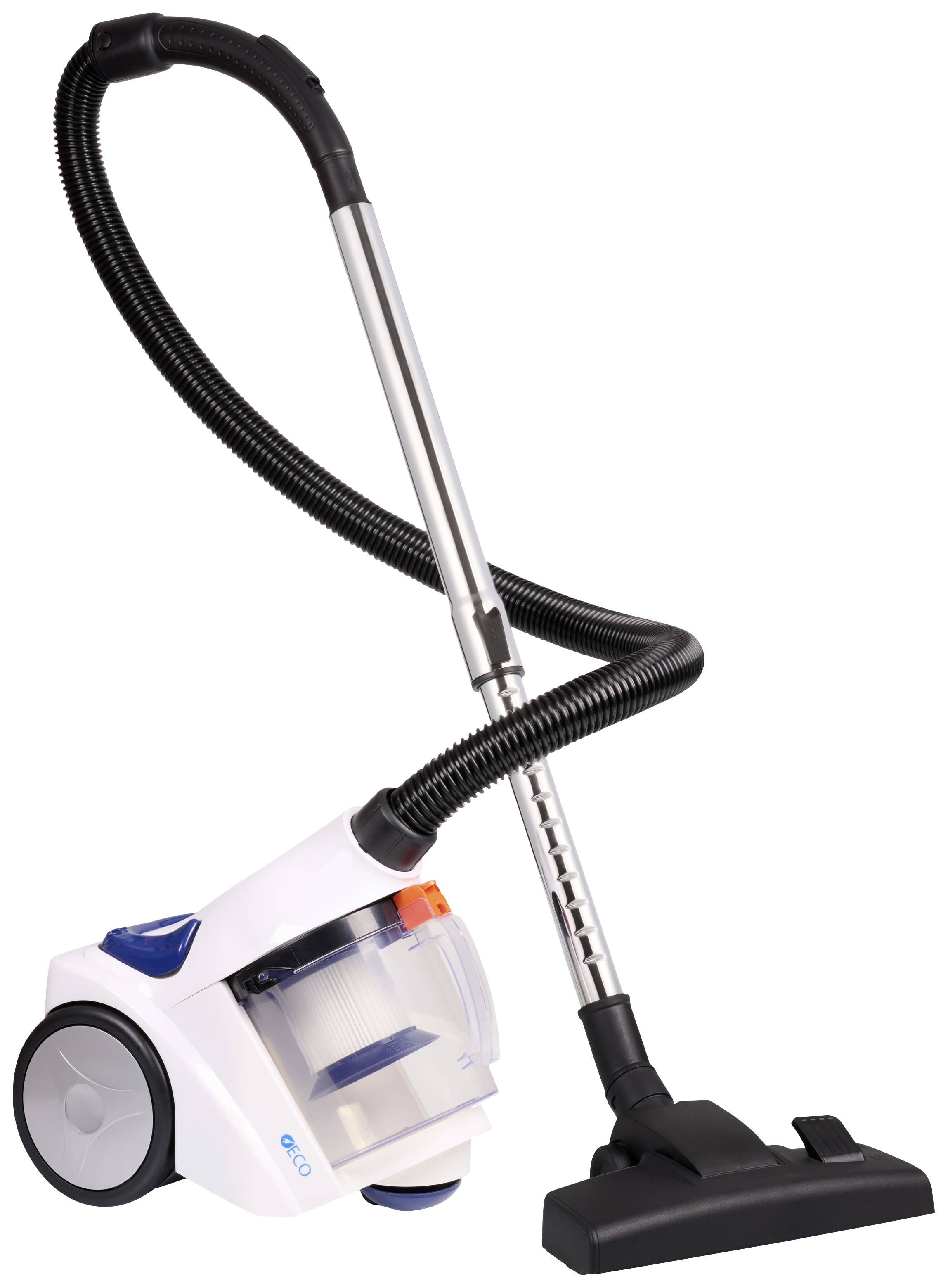 A white, modern upright vacuum cleaner with large wheels and a flexible suction hose, suitable for effective cleaning of hard floors.