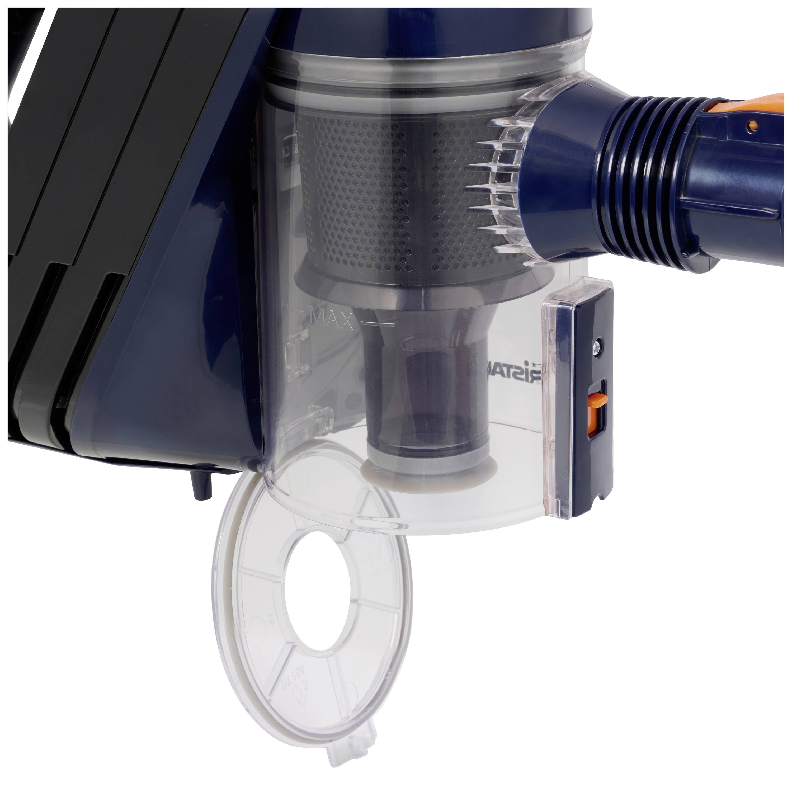 A blue handheld vacuum cleaner with a transparent dust container and a round filter is shown in close-up.
