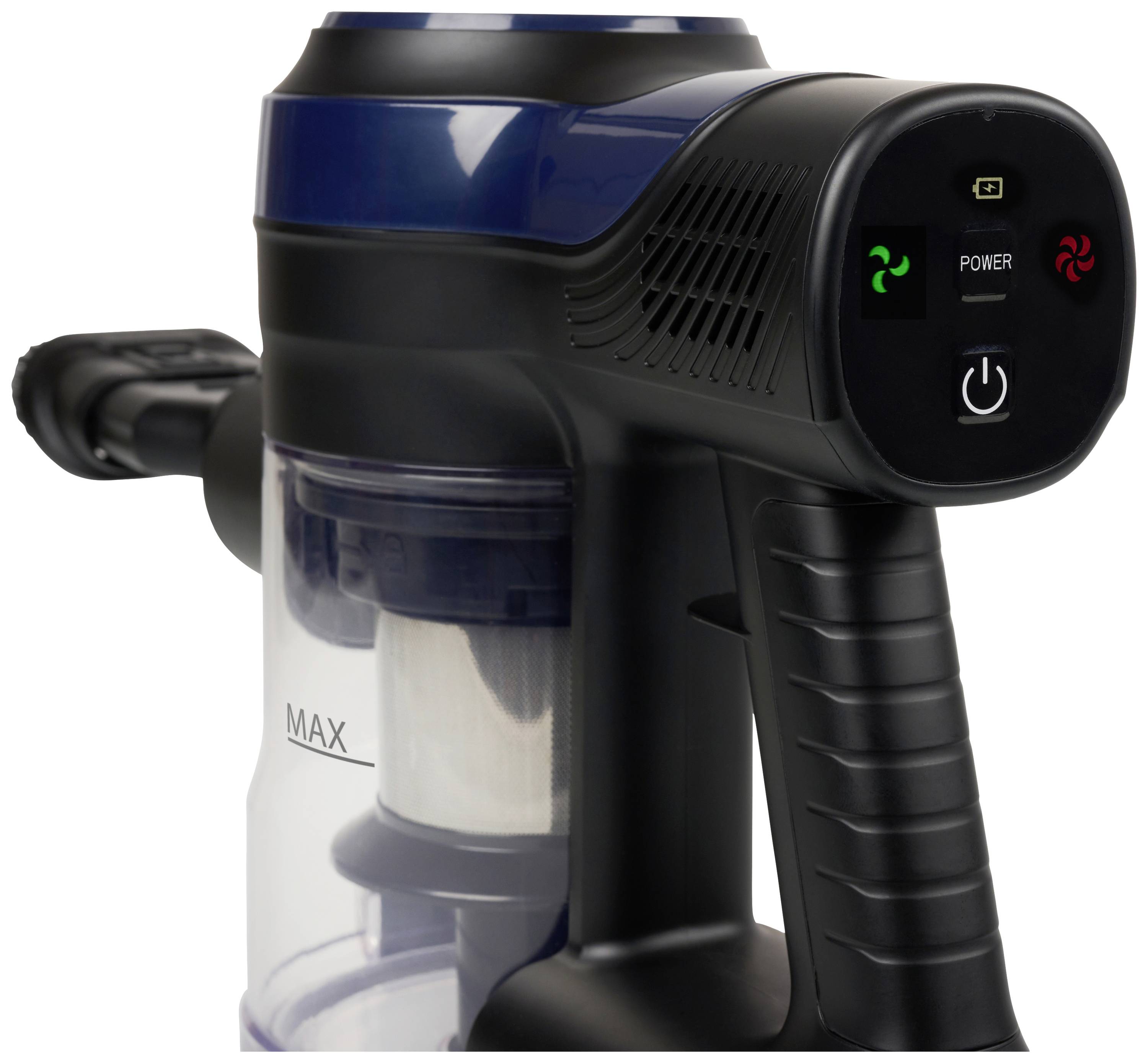 Cordless vacuum cleaner with an ergonomic handle, transparent dust container, digital display, and control buttons on the top surface.