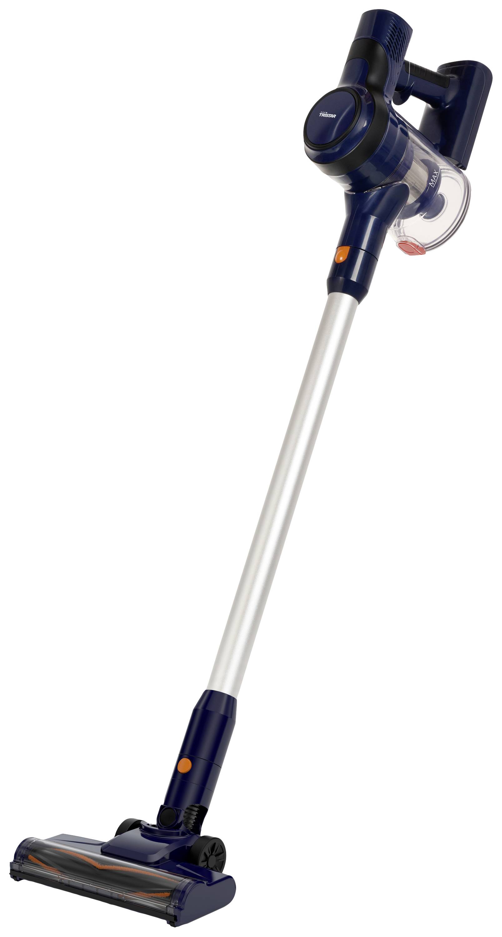 A blue-silver cordless vacuum cleaner with a sleek design and brush head.
