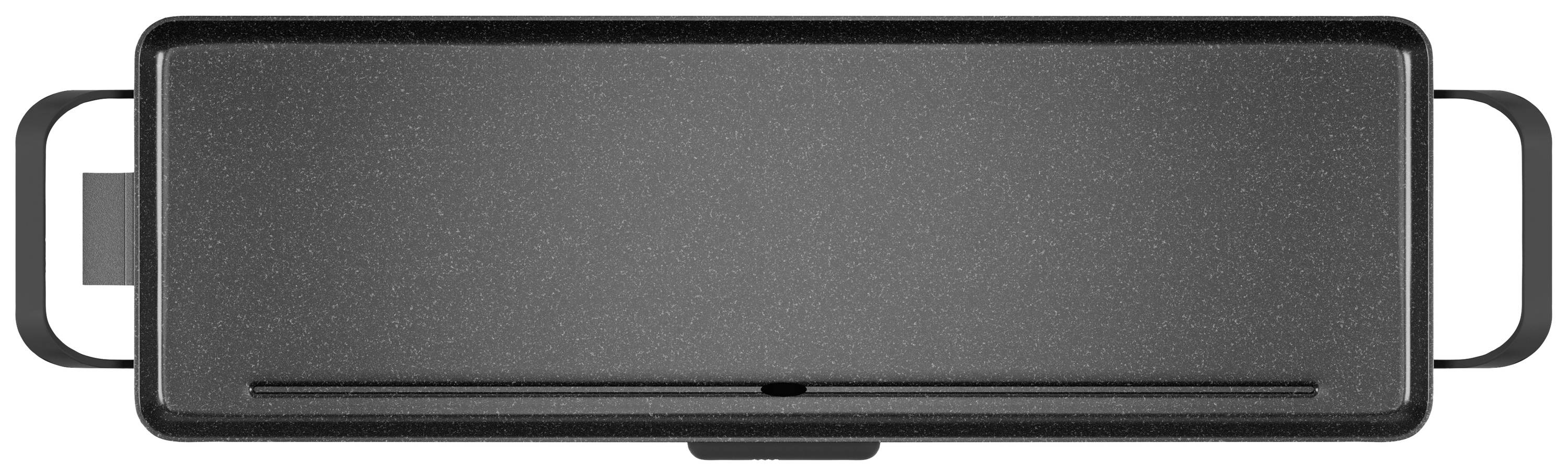 A black, rectangular grill with handles on both sides, suitable for indoor cooking. The grill is closed and shows a solid surface.