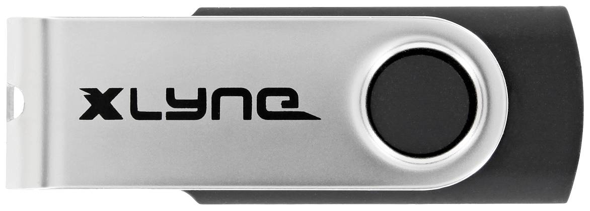A USB stick by XLYNE with a silver metallic casing and black plastic end. Primarily used for data storage.