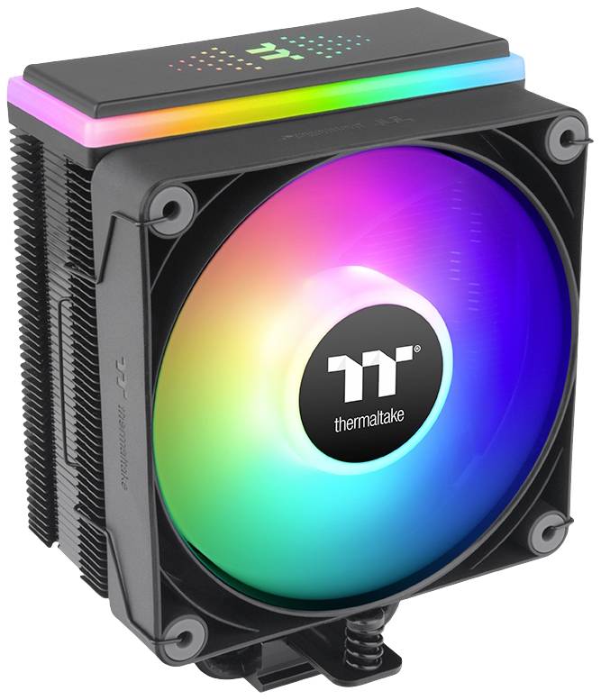 Thermaltake fan with RGB lighting, featuring a square design. Primarily used for computer cooling.