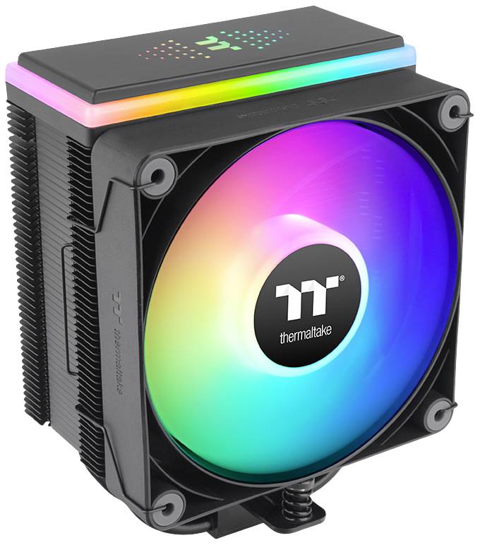 Thermaltake RGB-illuminated Fan Cooler. Elegantly designed heatsink for computers with a multi-coloured, glowing fan.