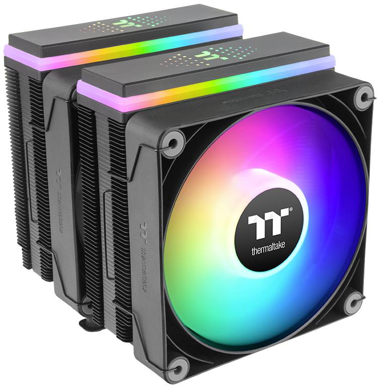 A black computer fan with RGB lighting, displaying the 'tt thermaltake' logo in the centre.