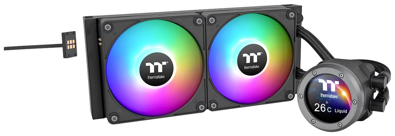 CPU liquid cooler with two RGB fans and a display showing '26°C Liquid'. Thermaltake logo displayed.