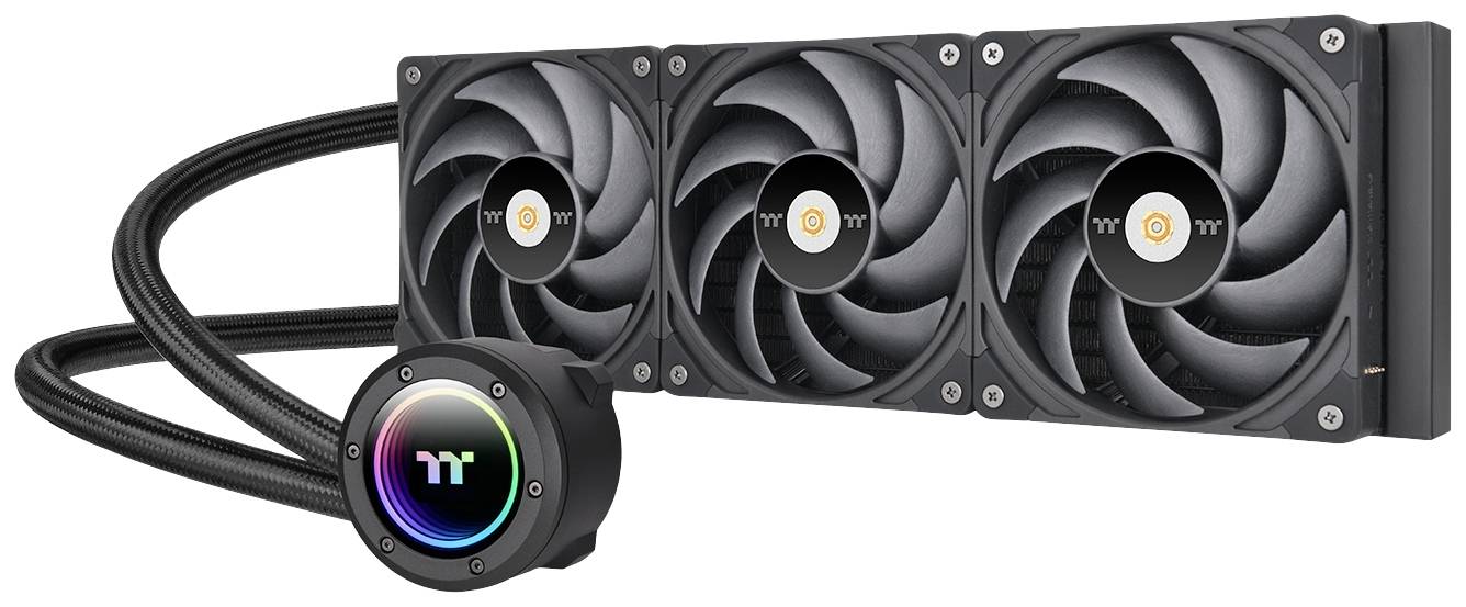 Black CPU liquid cooler with three fans and RGB-illuminated pump head, suitable for computer cooling solutions.