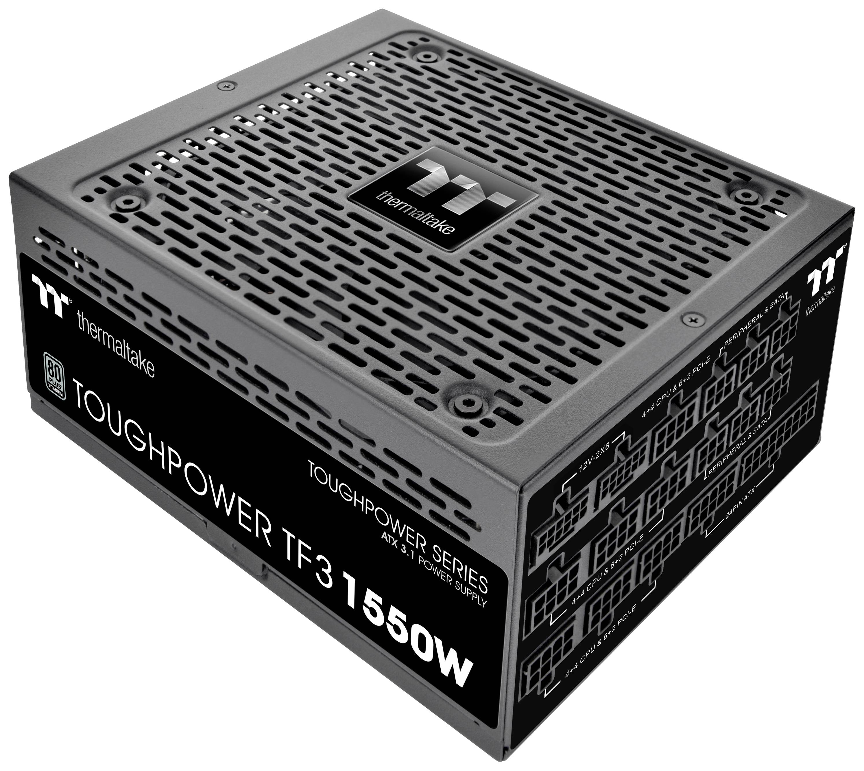 Black computer power supply 'Thermaltake Toughpower TF1 1550W' with multiple connection points and ventilation slots.
