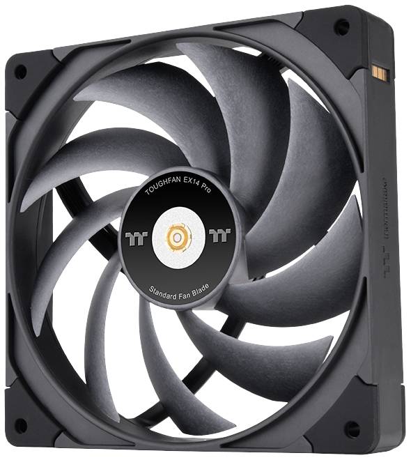 A black computer fan with nine curved blades. In the centre is a sticker with the text 'TOUGHFAN EX14 Pro'.