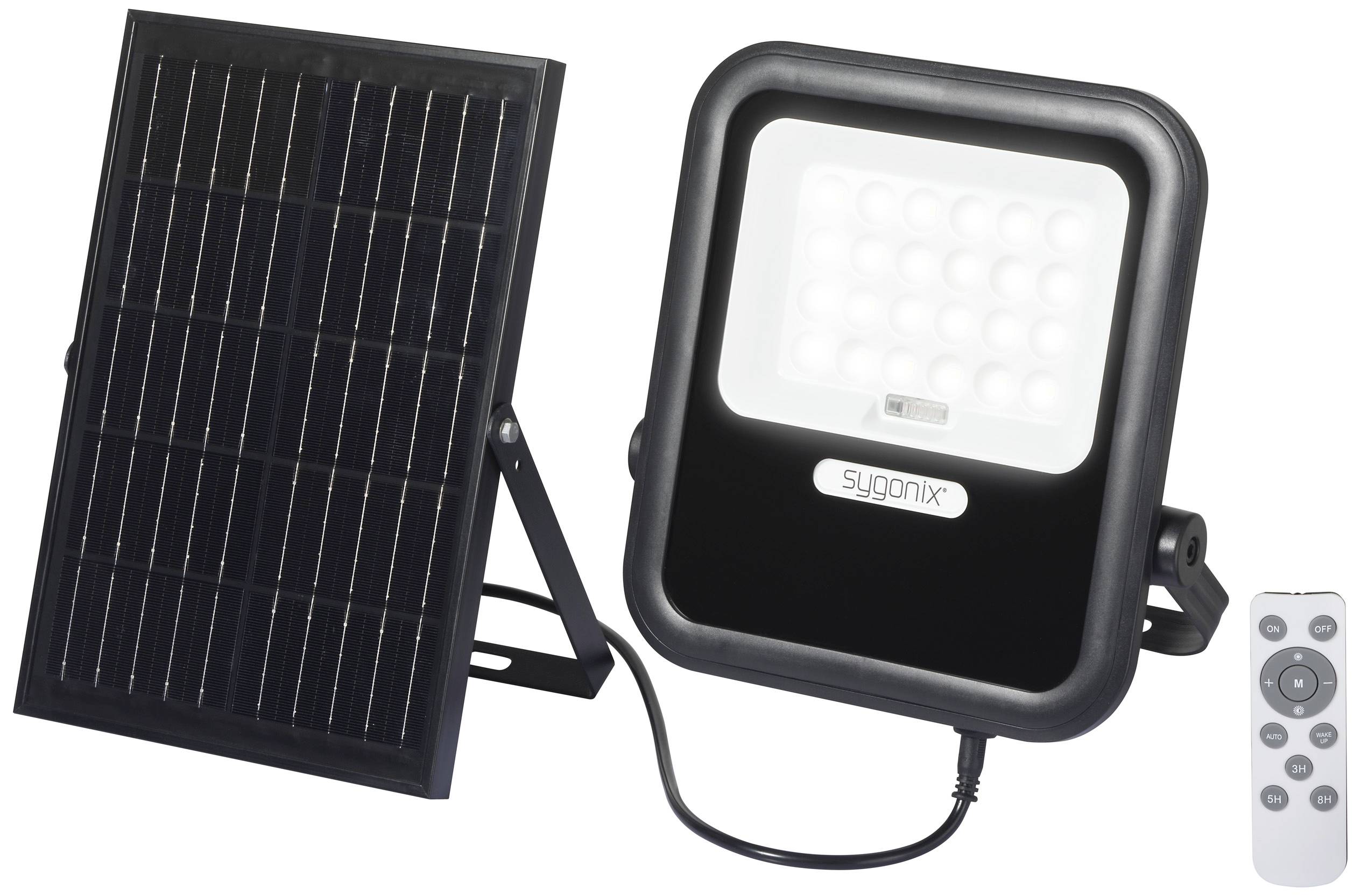 Solar-powered LED floodlight with separate solar panel and remote control, suitable for energy-efficient outdoor lighting.