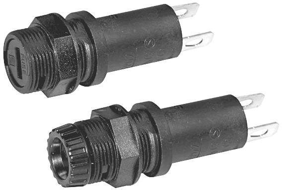 Two black, cylindrical electrical connectors with plastic housings and metal threading, designed for electrical connections.