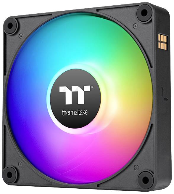 Square PC fan with rainbow-coloured LED lighting. Brand logo in the centre. Designed for cooling and visual effects.