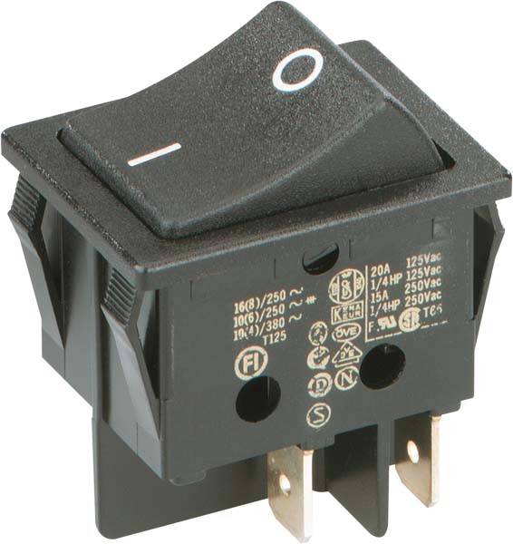 Black on/off rocker switch with power symbols on the toggle, underneath technical specifications in small white symbols and text.