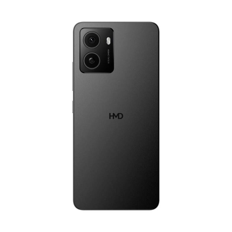 A black smartphone by HMD with two camera lenses and a flash on the back.