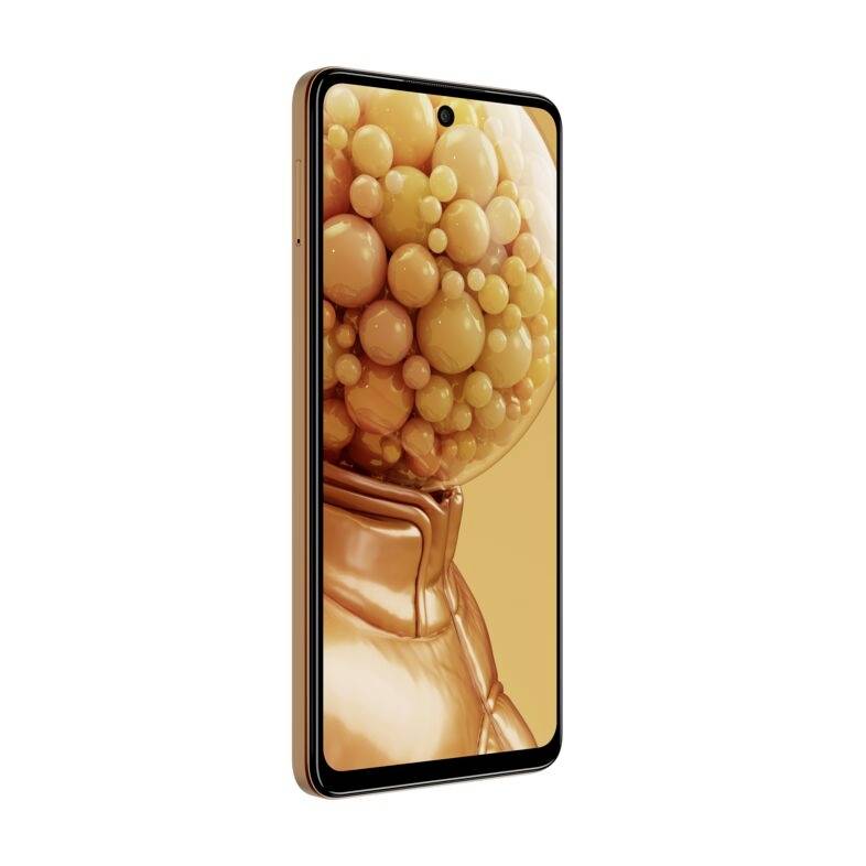 A smartphone with a screen displaying an artistic representation of orange bubbles. The casing is bronze-coloured.